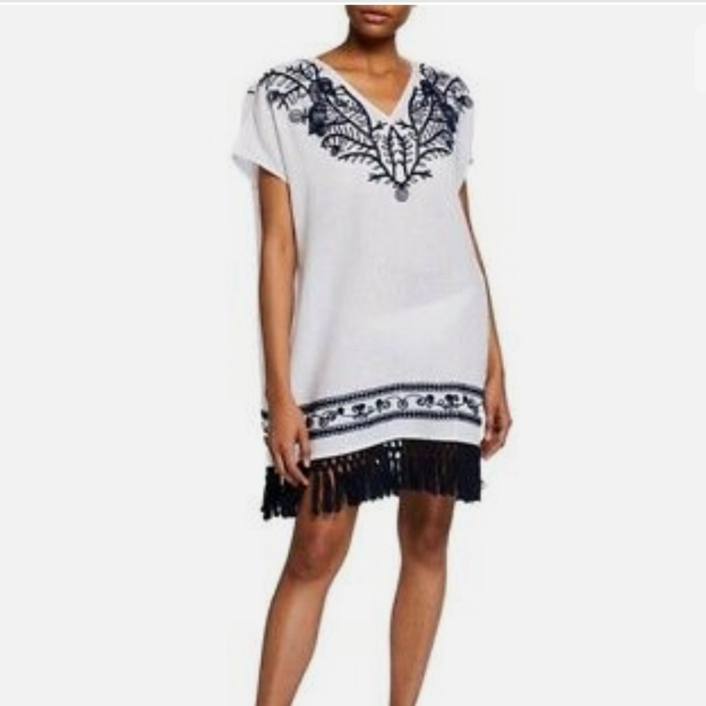 Tory Burch embroidered beach kaftan in white linen, size small